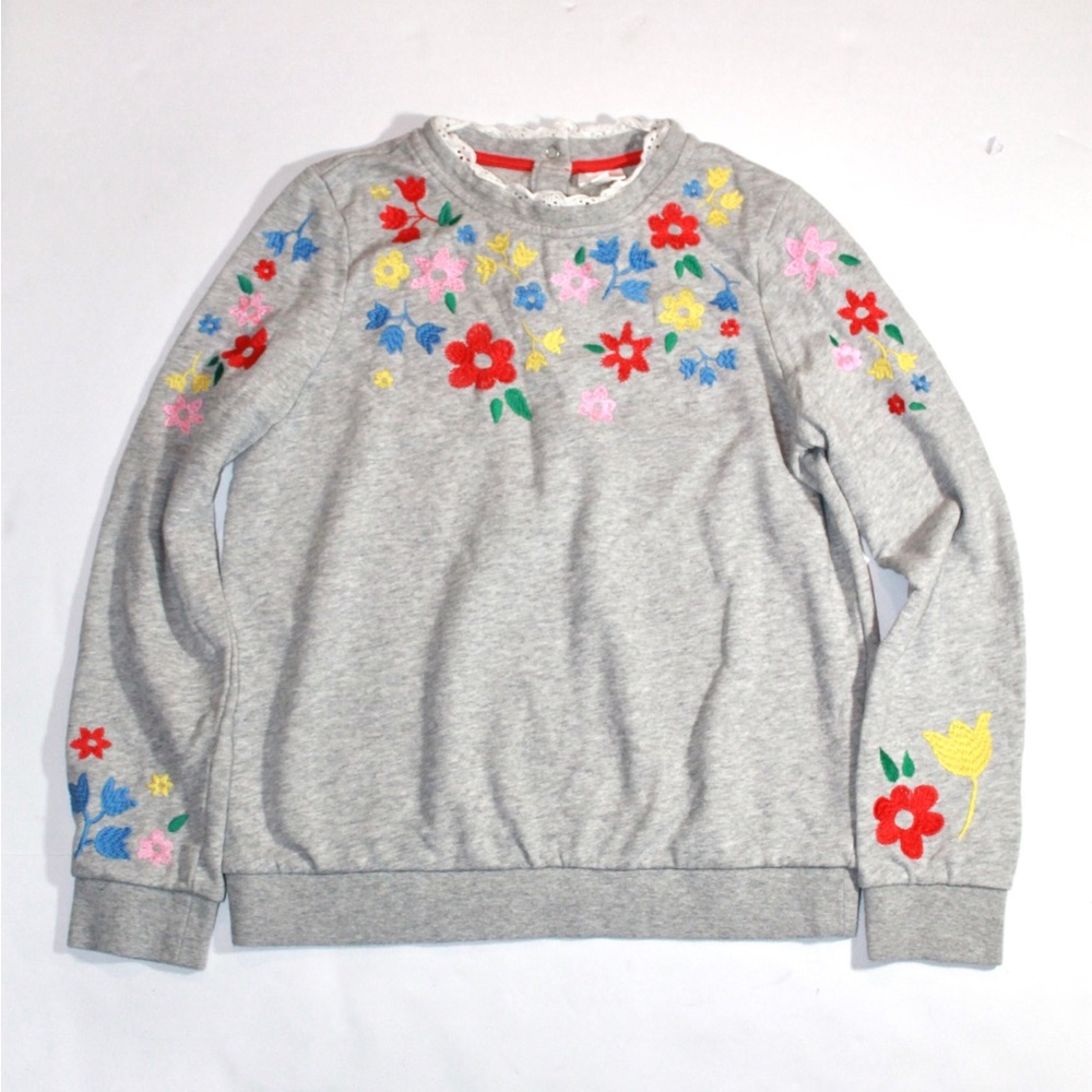 Mini Boden Gray Crewneck Sweatshirt with Multicolor Floral Embroidery